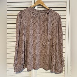 Adrianna Papell Yoke Detail Dusty Pink Tie Neck Long Sleeve Top Women’s Large